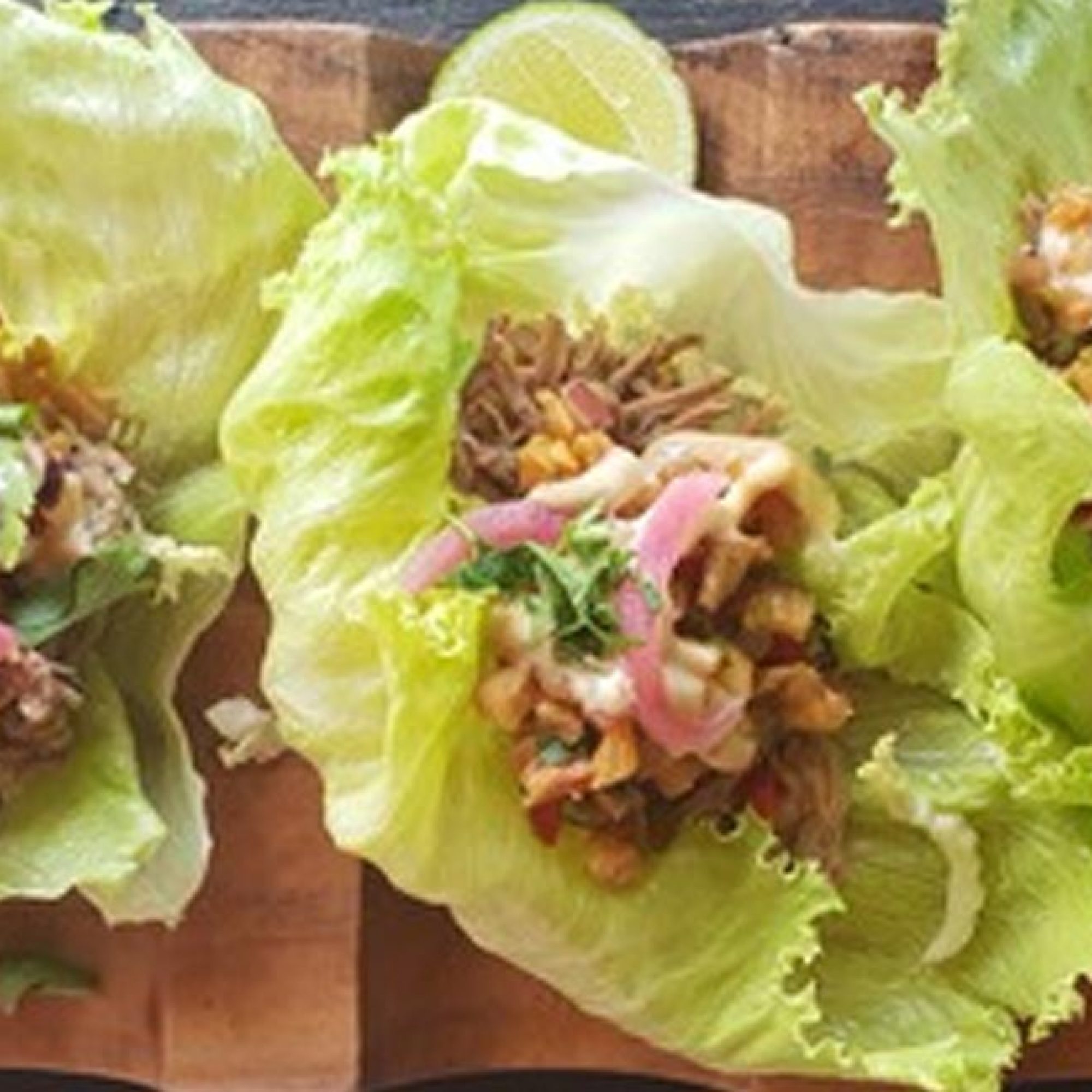 Chicken, blackened corn, red onion and chipotle mayo lettuce cups