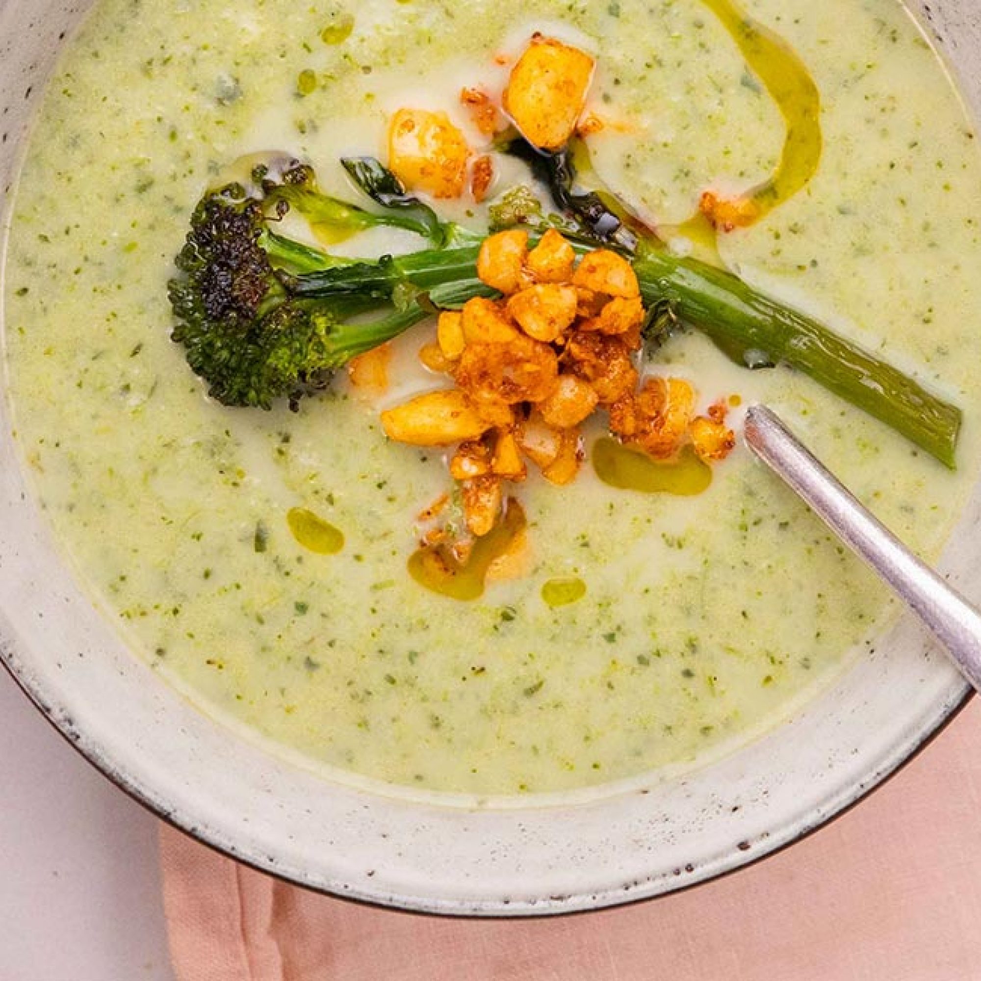 Sweet Stem Broccoli Soup with Smoked Macadamia Crumb Recipe